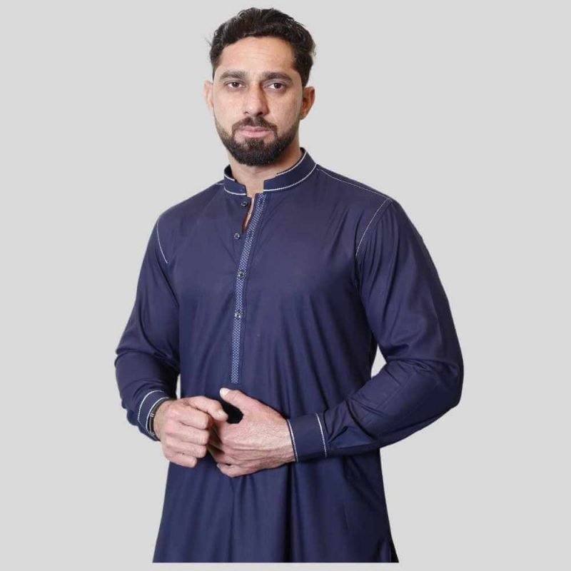 Navy Blue Shalwar Kameez Sherwani Collar with Resham Kollar Kraft